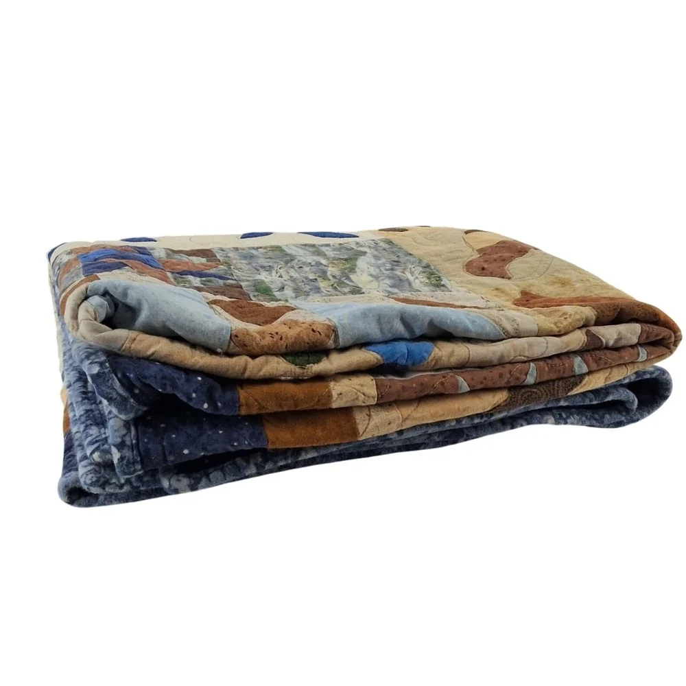 Handmade Patchwork Quilt Quail Bird Woodland Blue Brown Rustic Country Throw